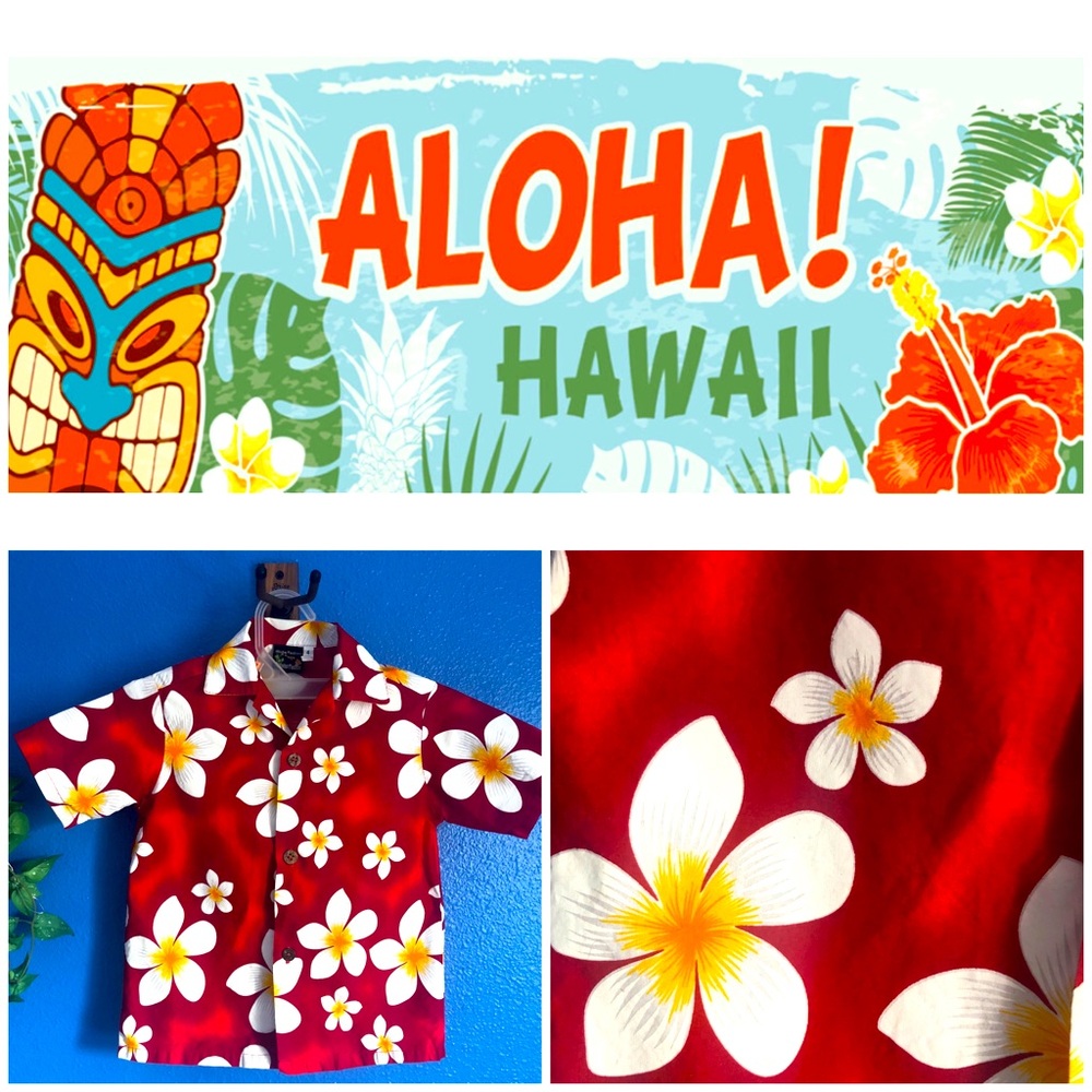 Kids Hawaiian Shirt. Short Sleeve. Red, Yellow and White Flower Pattern. Size 4.